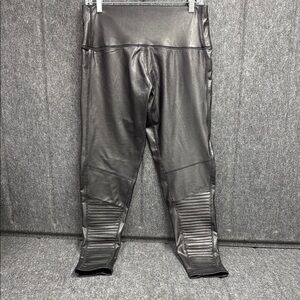 7 For All Mankind Black Glossy Leggings with Ribbed Details